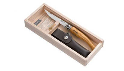 Opinel Effilé No.10 Olajfa + bőr tok díszdoboz